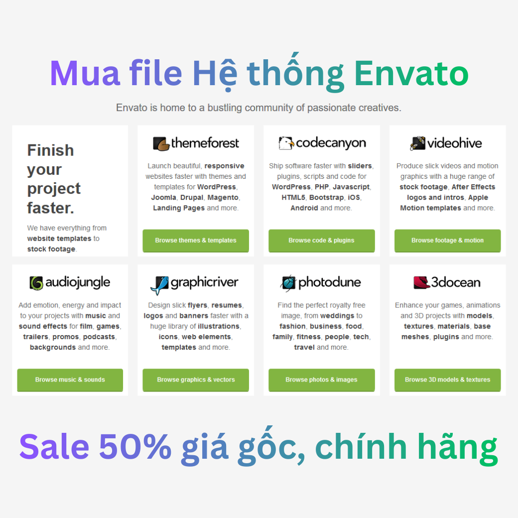 Get file hệ thống Envato giá rẻ 50% chính hãng kèm license